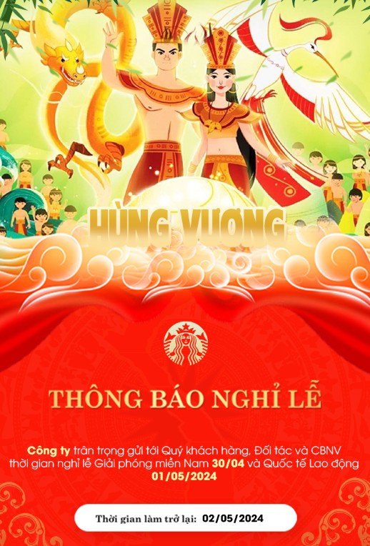 Holiday announcement poster for Hung Kings' Commemoration Day featuring Lac Long Quan and Au Co with crowd illustration, media post banner announcing national holidays, thông báo lịch nghỉ Giỗ tổ